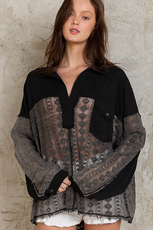 POL Johnny Collar Long Sleeve Lace Blouse - Spicy and Sexy