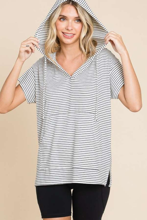 Culture Code Full Size Striped Short Sleeve Hooded Top - Spicy and Sexy