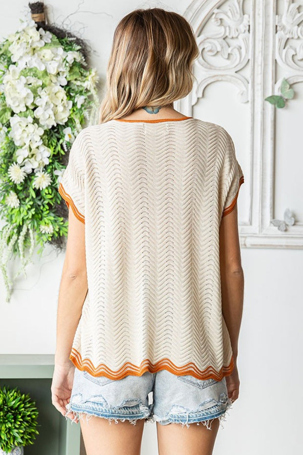 First Love Full Size Contrast Wavy Crochet Drop Shoulder Knit Top