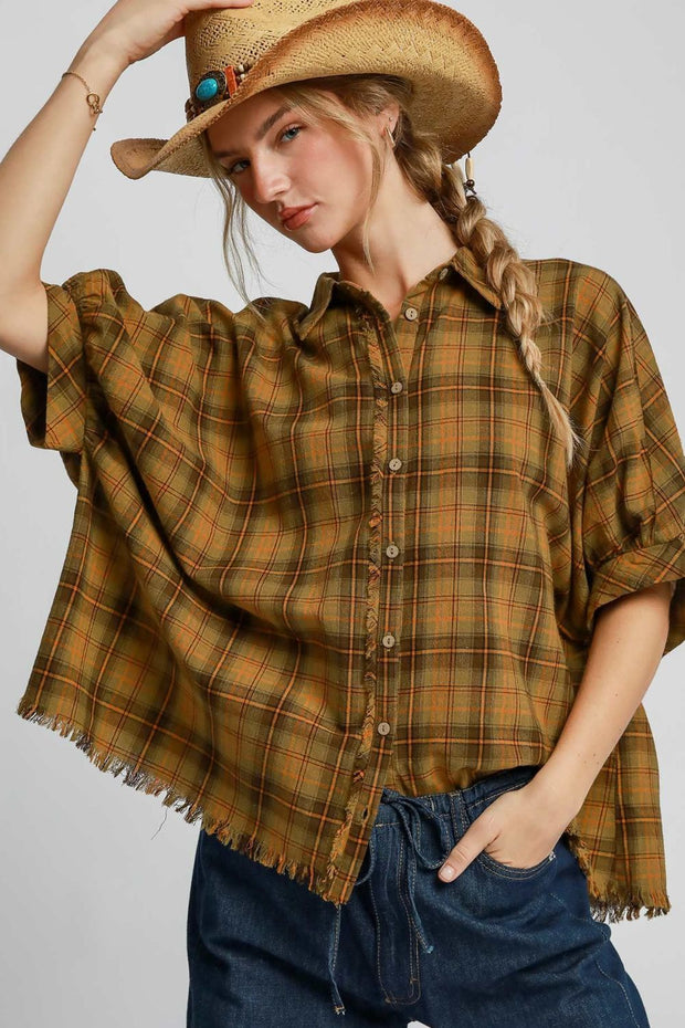 Umgee Full Size Raw Hem Plaid Collared Neck Half Sleeve Shirt Plus Size