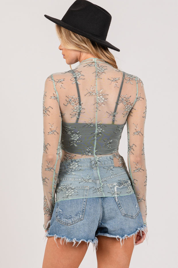 SAGE + FIG Mesh Long Sleeve Sheer Floral Embroidery Top