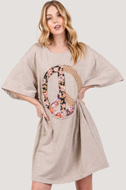 SAGE + FIG Full Size Peace Sign Applique Short Sleeve Tee Dress