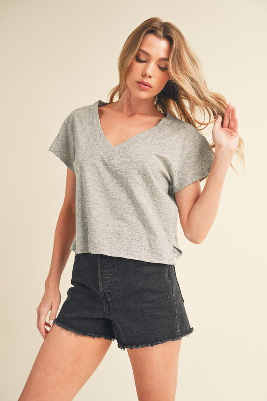 Aemi + Co Side Slit V-Neck Short Sleeve Cropped T-Shirt