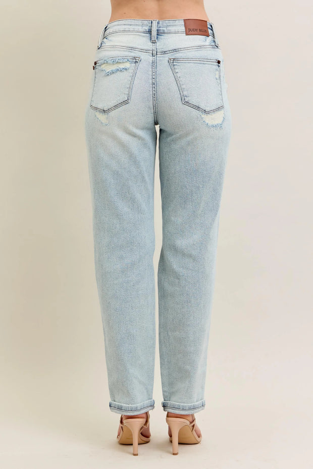 Judy Blue Full Size Mr Repair Stitch Detail Destroy Single Cuff Bf Jeans Plus Size