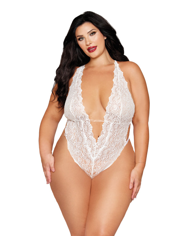 Stretch Lace Teddy With Removable Pearl Harness - White (Plus Size)