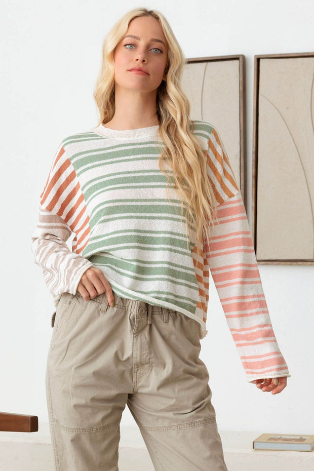 Tasha Apparel Color Block Stripe Long Sleeve Relaxed Knit Top - Spicy and Sexy