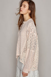 POL Round Neck Long Sleeve Raw Edge Lace Top