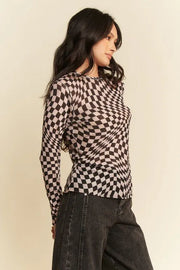 Davi & Dani Checker Board Mesh Long Sleeve Layering Top