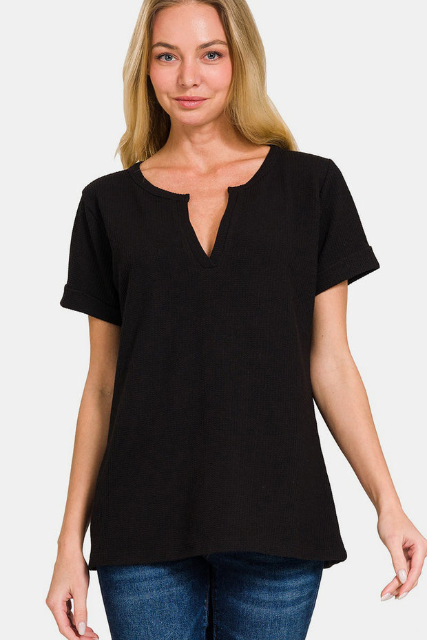 Zenana Notched Short Sleeve Waffle T-Shirt - Spicy and Sexy