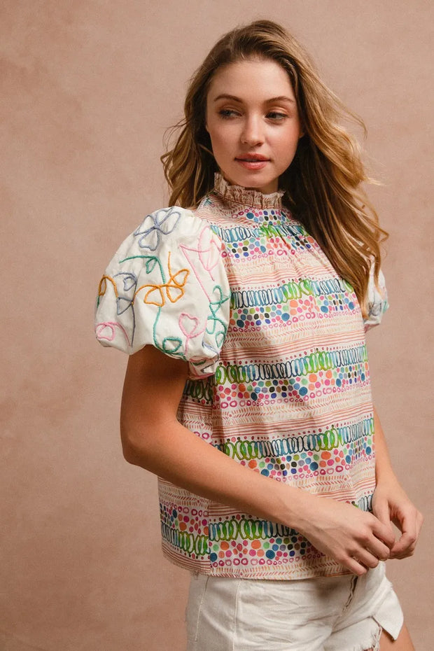 BiBi Ruffle Neckline Blouse With Embroidery Bubble Sleeve