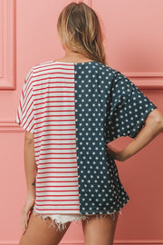 BiBi US Flag Themed Color Block Short Sleeve T-Shirt