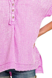 Zenana Washed Double Gauze 3/4 Button Henley Neck Shirt