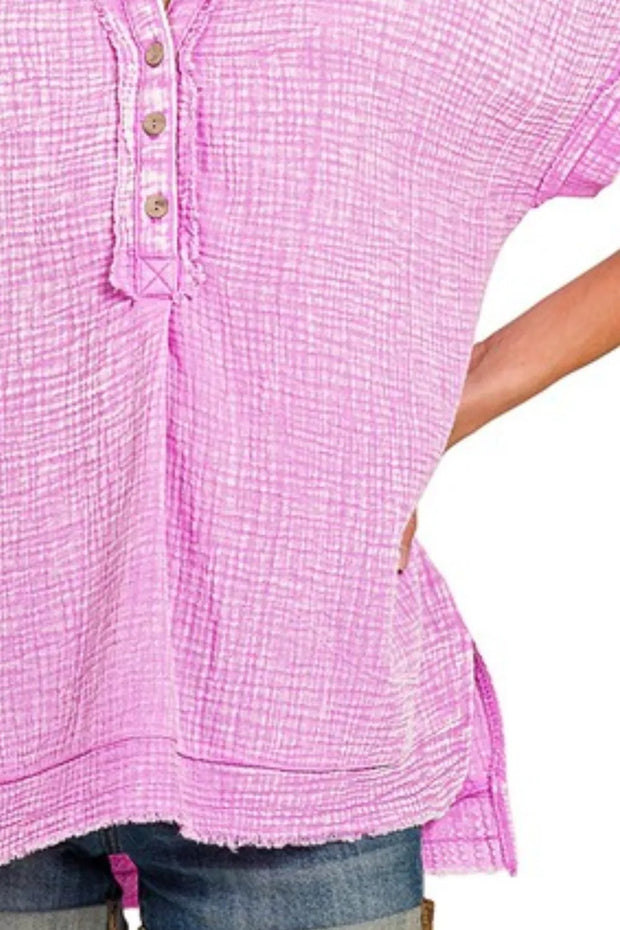 Zenana Washed Double Gauze 3/4 Button Henley Neck Shirt