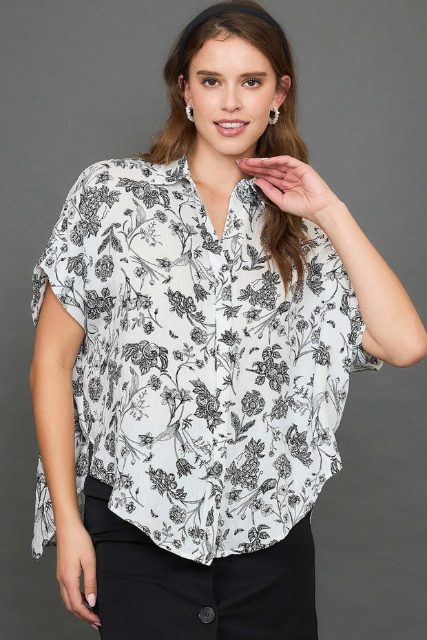 Umgee Full Size Two Tone Floral Print Top Plus Size