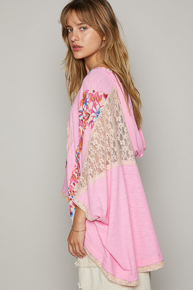 POL V-Neck Floral Print Peace Patch Lace Hooded Top