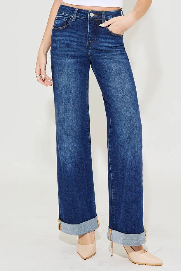 RISEN Full Size Tummy Control High Rise Wide Leg Cuffed Jeans Plus Size
