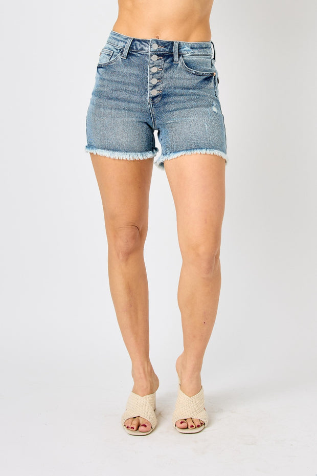 Judy Blue Full Size Button Fly Raw Hem Denim Shorts - Spicy and Sexy