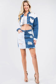 American Bazi Contrast Patched Frayed Denim Distressed Skirts