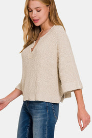 Zenana Notched Side Slit Patch Sweater