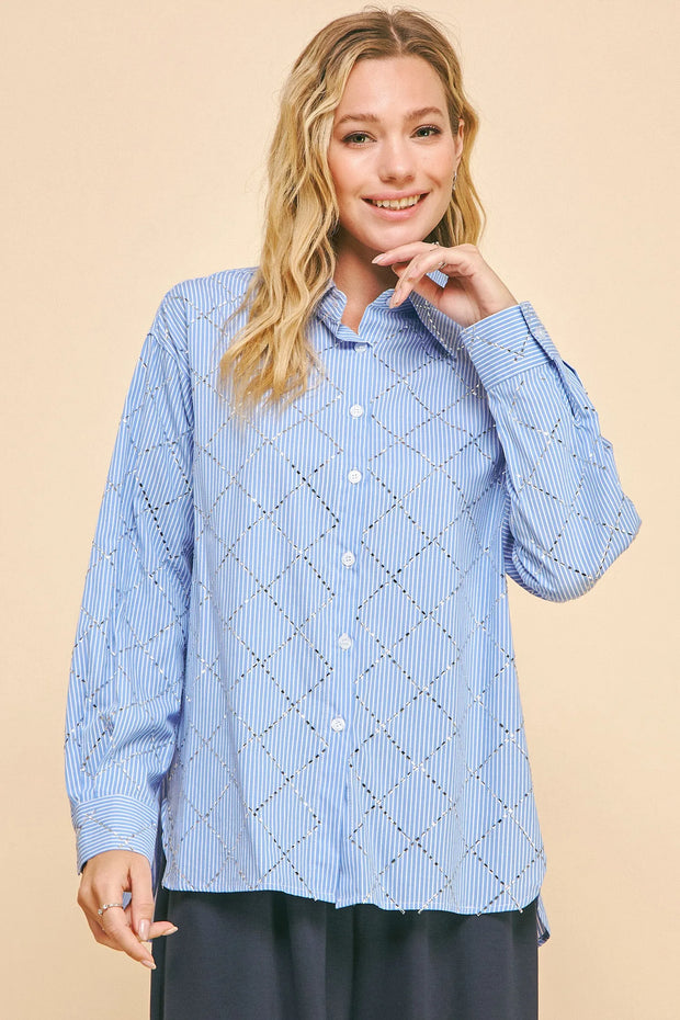 Davi & Dani Striped Long Sleeve Loose Fit Button Down Shirt