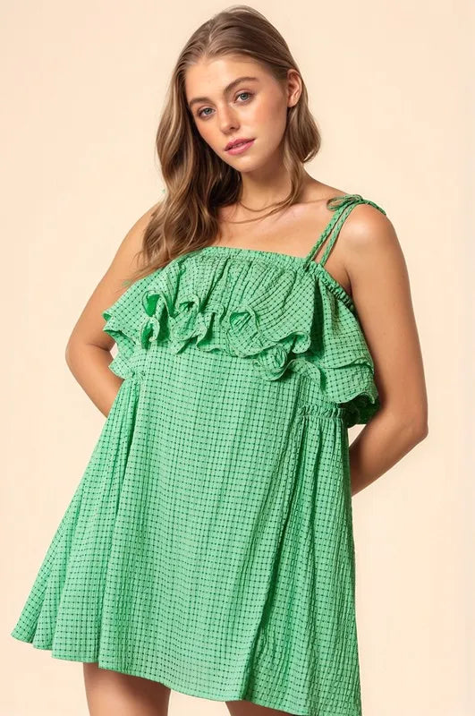 Davi & Dani Textured Jacquard Checker Fabric Ruffled Dress
