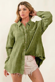 BiBi Raw Edge Detailed Mineral Washed Loose Fit Shirt