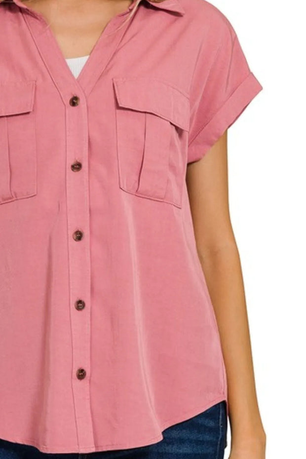 Zenana Tencel V-neck Collared Top With Front Flap Pockets