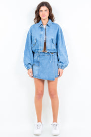 American Bazi Drawstring Waist Crop Denim Jacket