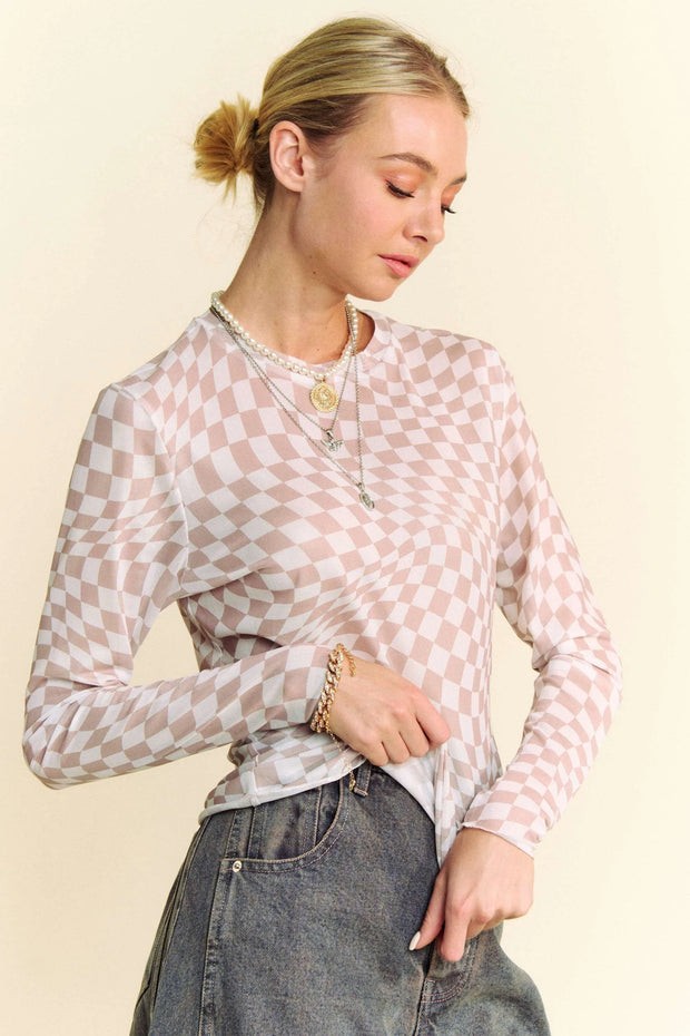 Davi & Dani Checker Board Mesh Long Sleeve Layering Top