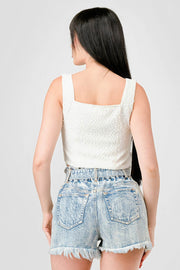 Crinkle Stretch Knit Sweetheart Hooked Bustier Cropped Top