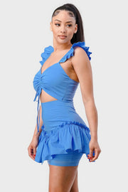 Sweetheart With Drawstring Bow Cutout Ruffled Flutter Sleeves Mini Dress