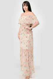 Floral Chiffon Off Shoulder Smocked Back Ruffled Tiered Maxi Dress