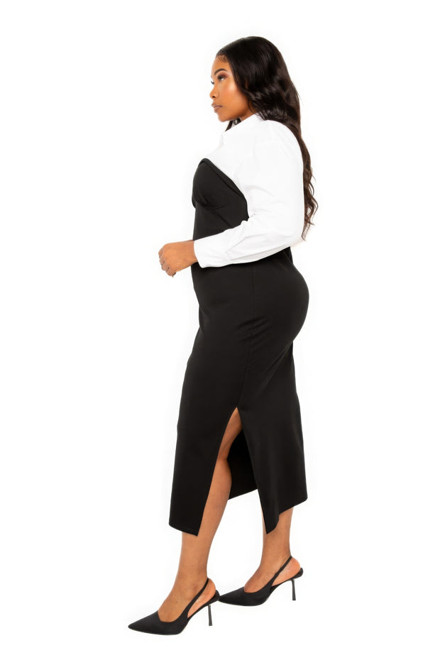 Collared Shirt Bodycon Midi Dress With Side Slit (Plus Size)