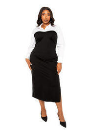 Collared Shirt Bodycon Midi Dress With Side Slit (Plus Size)