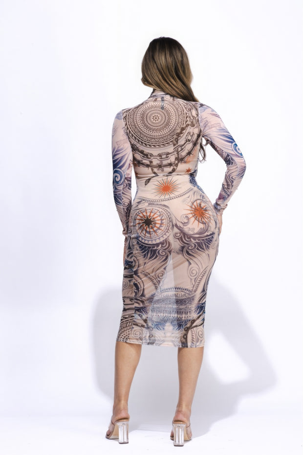 Tattoo Body Print Mesh Midi Dress