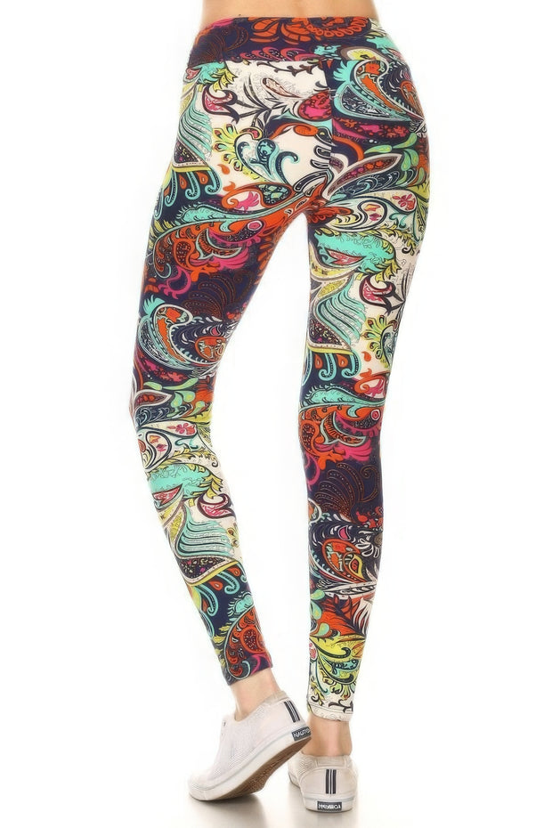 Yoga Style Banded Lined Multicolored Mixed Paisley Print, Full Length Leggings