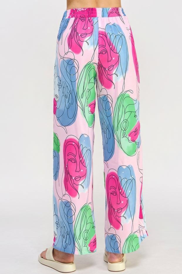 Printed Wide Leg Pant With Elastic Back