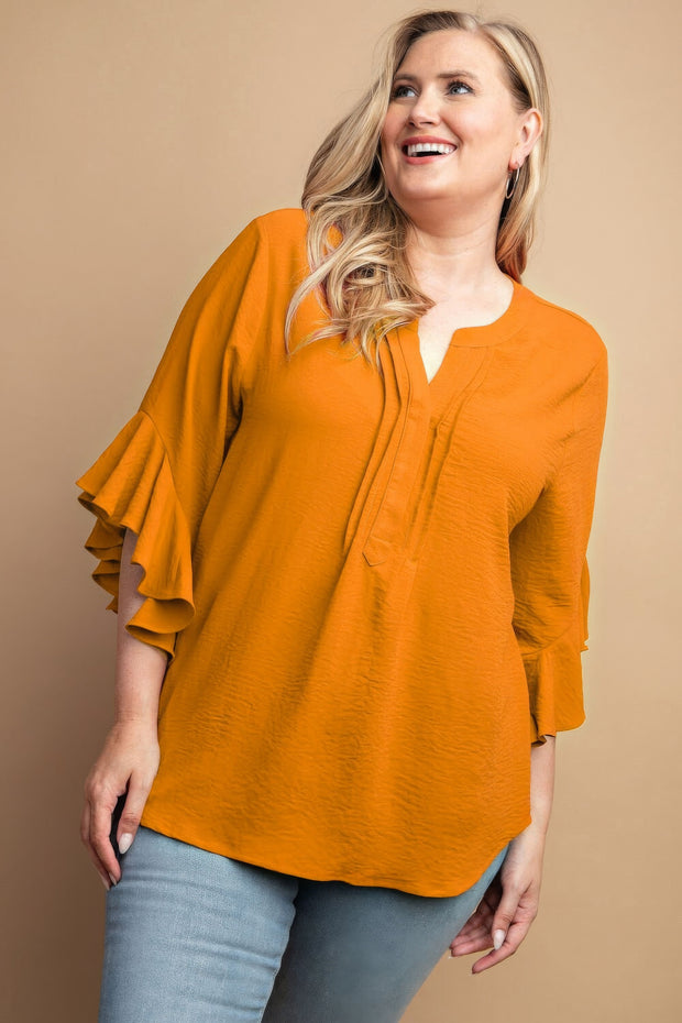 Ruffled Bell Sleeve And Front Pleated Detail Top (Plus Size)