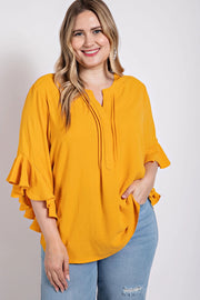 Ruffled Bell Sleeve And Front Pleated Detail Top (Plus Size)
