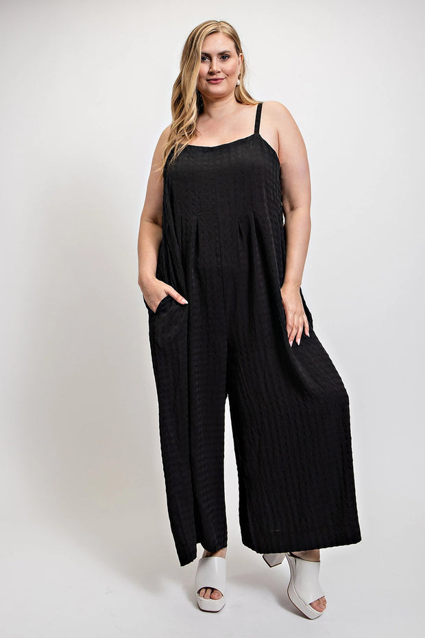 Texture Woven Sleeveless Jumpsuit With Side Button (Plus Size)
