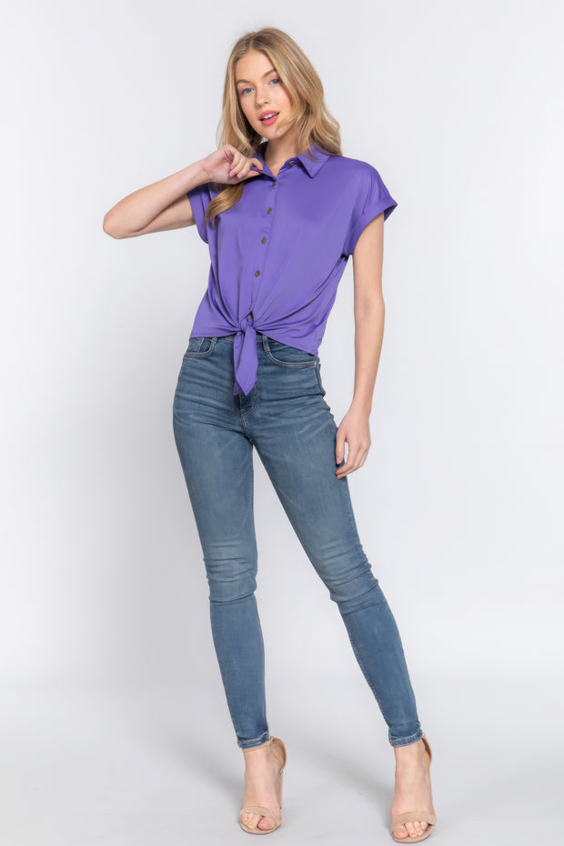 Short Slv Front Tie Stretch Ity Top