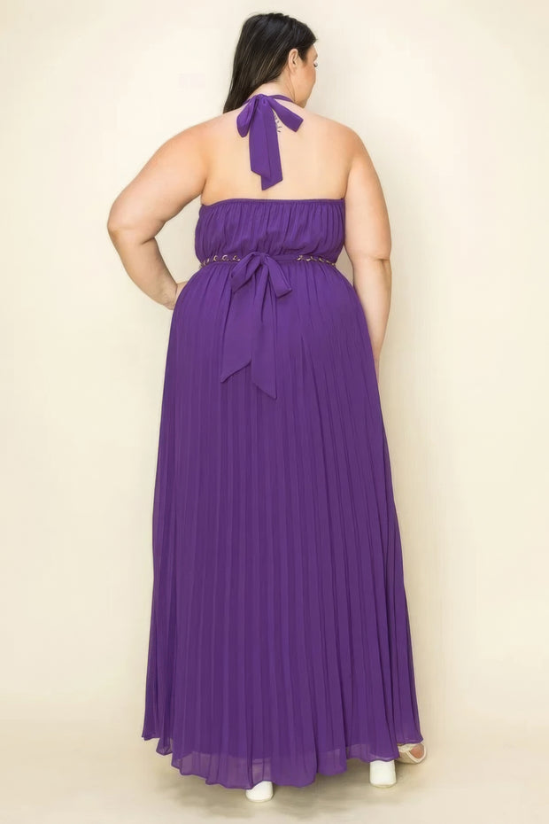 Chiffon Pleated Gold Trim Neck & Belt Cut Out Chest Maxi Dress (Plus Size)