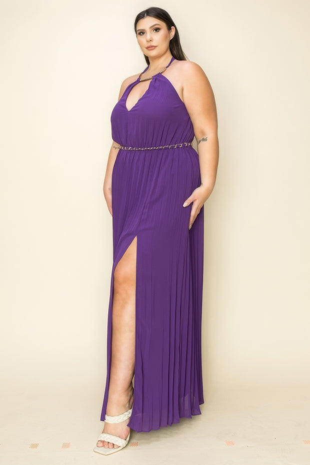 Chiffon Pleated Gold Trim Neck & Belt Cut Out Chest Maxi Dress (Plus Size)