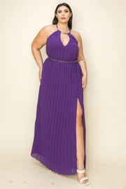 Chiffon Pleated Gold Trim Neck & Belt Cut Out Chest Maxi Dress (Plus Size)