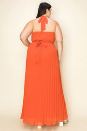 Chiffon Pleated Gold Trim Neck & Belt Cut Out Chest Maxi Dress (Plus Size)