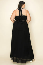 Chiffon Pleated Gold Trim Neck & Belt Cut Out Chest Maxi Dress (Plus Size)