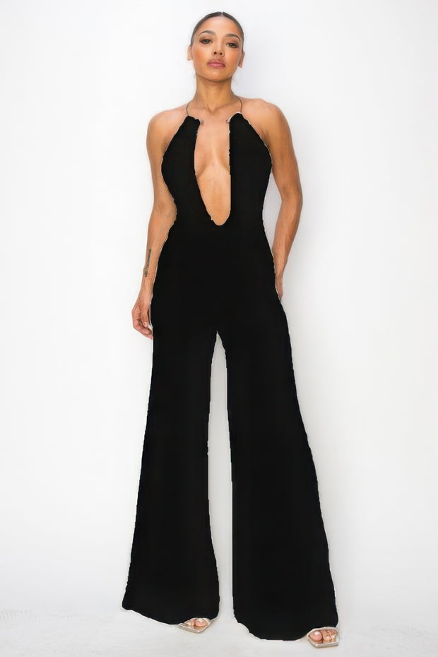 Slinky Wide Leg Jumpsuit With Metal Choker Necklace