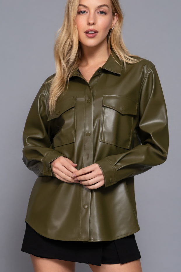 Long Sleeve Faux Leather Shacket