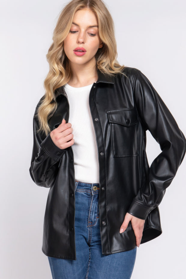 Long Sleeve Faux Leather Shacket