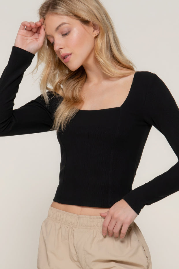 Long Sleeve Sweetheart Neck Seam Detail Knit Top